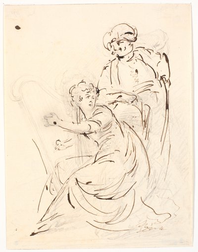 Dame jouant de la harpe. Derrière elle, un homme avec un turban - C.A. Lorentzen