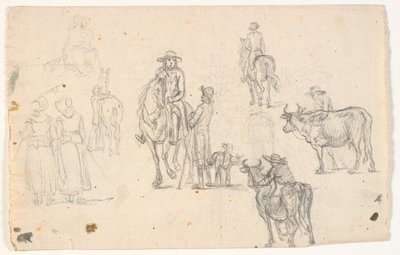 Esquisses avec paysans, chevaux et vaches - C.A. Lorentzen