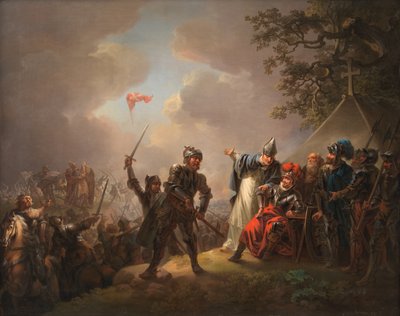 La légende du drapeau danois (le Dannebrog) tombant du ciel pendant la bataille de Lyndanise (Tallin) en Estonie en 1219 - C.A. Lorentzen