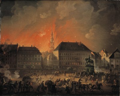 La nuit la plus terrible. Vue de Kongens Nytorv à Copenhague pendant le bombardement anglais de Copenhague la nuit du 4 au 5 septembre 1807 - C.A. Lorentzen