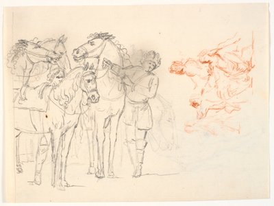 Deux esquisses. À gauche, une esquisse au crayon avec des chevaux et deux hommes. À droite, une esquisse à la sanguine avec un groupe de figures - C.A. Lorentzen
