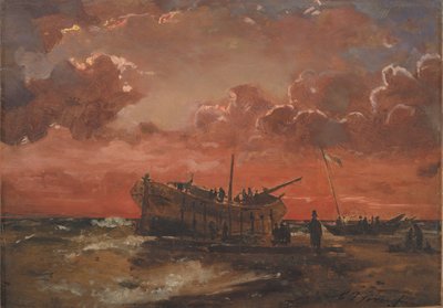 Épave sur la côte ouest du Jutland au coucher du soleil - C.F. Sørensen