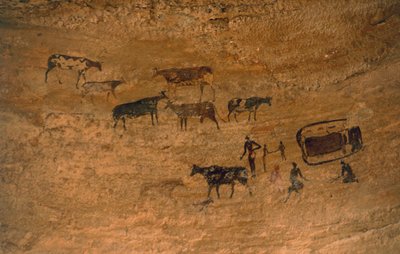 Scène de vie quotidienne avec du bétail, art rupestre, Tassili n