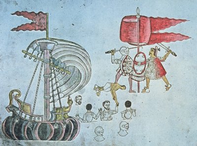 Soldats espagnols de Hernan Cortes débarquant en 1519 pour combattre les Aztèques, copié du Codex Azcatitlan, vers 1550 - J.B. and Brown J. Rowbotham