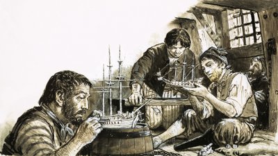 Prisonniers de guerre français des guerres napoléoniennes fabriquant des maquettes de bateaux - C.L. Doughty