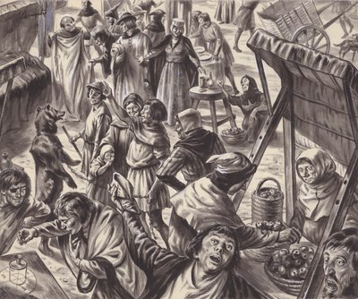 Marchands à une foire médiévale (gouache sur papier) - C.L. Doughty
