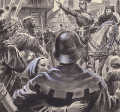Les nobles qui se querellent recrutent des armées parmi les anciens chômeurs qui affluent en Angleterre après la fin de la guerre de Cent Ans en 1453 (gouache sur papier). - C.L. Doughty