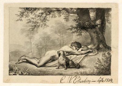 Un jeune homme nu dormant au pied d