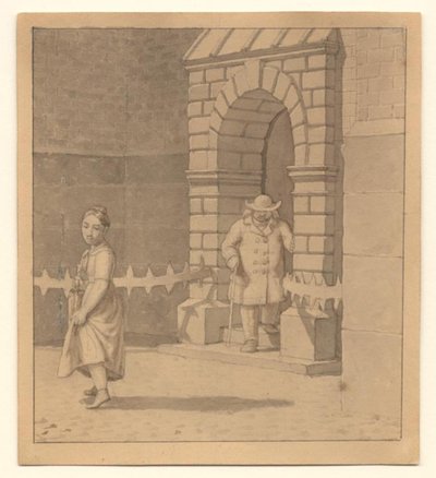 Scène de rue avec une jeune fille soulevant légèrement sa robe; en arrière-plan un vieil homme avec une canne - Christoffer Wilhelm Eckersberg