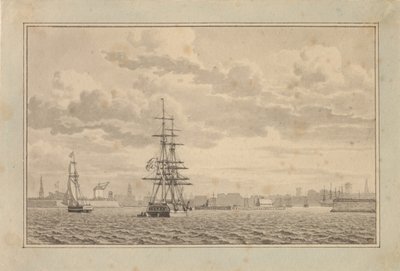 Copenhague vue du port extérieur avec une brigantine à l