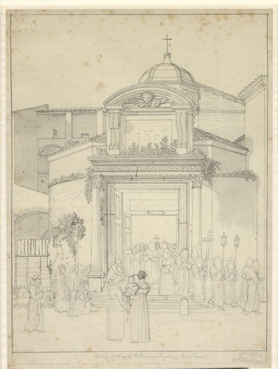 Église Saints Cosme et Damien (Temple de Romulus et Remus) avec des moines en procession sortant de la porte de l