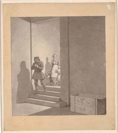 Homme descendant un escalier, en arrière-plan femme et enfant - Christoffer Wilhelm Eckersberg