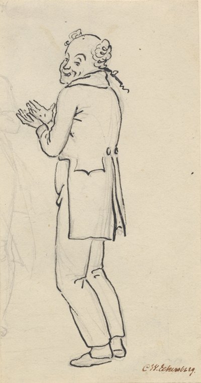 Feuille satirique ; un homme souriant, vu de côté, avec les deux mains devant la poitrine, et partie d