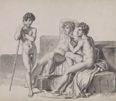 Trois jeunes garçons nus debout ou assis entre des blocs de pierre - Christoffer Wilhelm Eckersberg