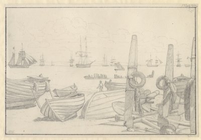 Vue de la plage au sud de Helsingør vers le navire de garde, la brigantine "Falster" - Christoffer Wilhelm Eckersberg