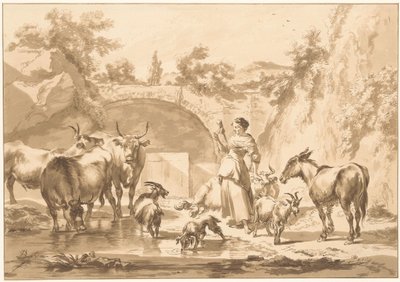 Bergère filant avec son troupeau - C. Dietrich (prentmaker) (possibly)
