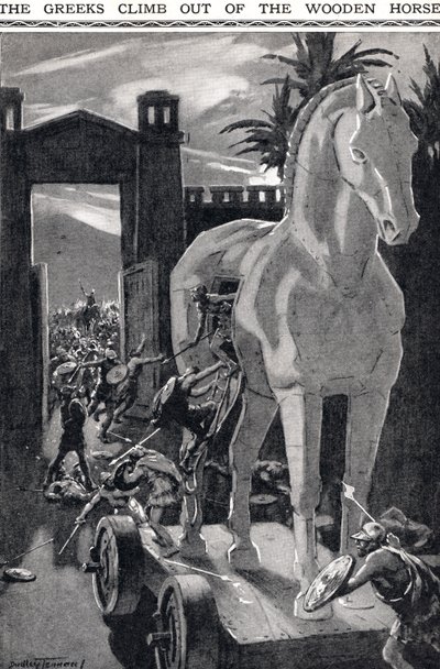 Les Grecs sortent du cheval de bois, illustration du 