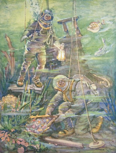 Plongeurs en Eau Profonde trouvant un Trésor Coulé, vers 1890 (lithographie en couleur) - C. Dudley Tennant
