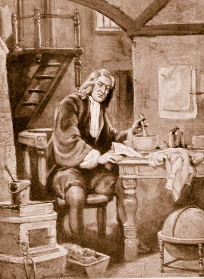 Sir Isaac Newton dans sa petite chambre - C. Dudley Tennant