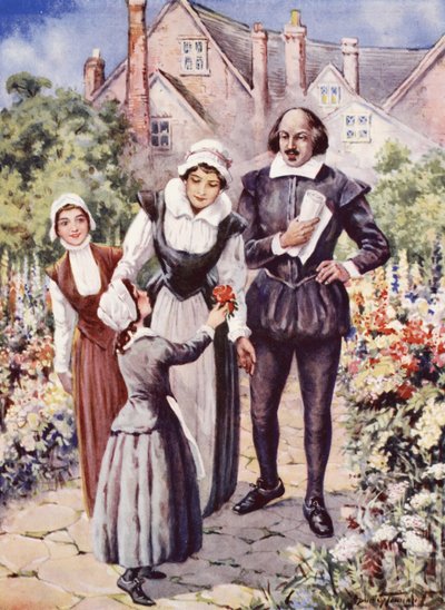 William Shakespeare, avec sa femme et ses deux filles, dans le jardin de New Place, Stratford-upon-Avon - C. Dudley Tennant