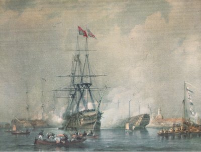 HMS Victory tirant une salve royale au port de Portsmouth, de British Adventure publié par Collins, 1947 - C. J. M. Whichello