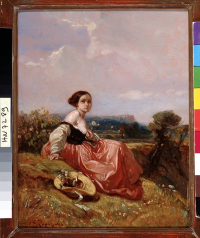 Jeune fille au chapeau devant la montagne Sainte-Victoire - Camille Joseph Etienne Roqueplan