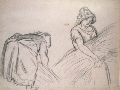 Étude de deux moissonneuses, 1882 (craie noire sur papier rose avec blanc) - Camille Jacob Pissarro
