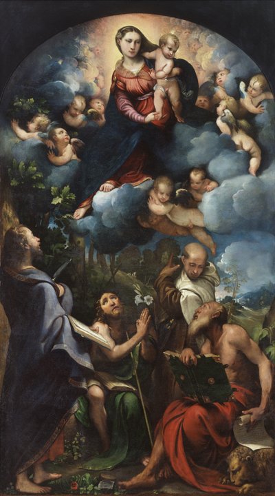 Madone et Enfant en Gloire avec Saint Barthélemy, Saint Jean-Baptiste, Saint Albert et Saint Jérôme - Camillo Boccaccino