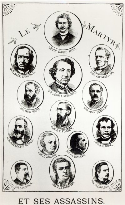 Louis Riel (1844-85) et ses assassins, illustration du Gibet de Regina, publiée en 1886 - Canadian School