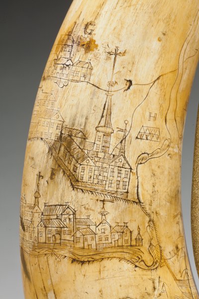 Corne à poudre, gravée avec une carte du fleuve Saint-Laurent dans la région de Québec, vers 1759 - Canadian School
