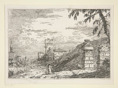 Paysage avec tour et deux piliers en ruine, de la série Vedute - Canaletto (Giovanni Antonio Canal)