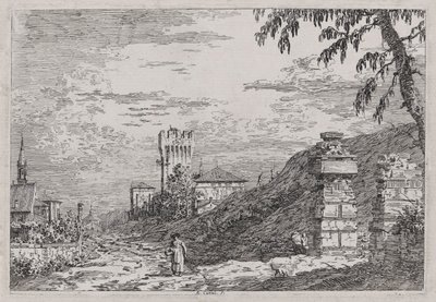 Paysage avec Tour et Deux Piliers en Ruine, de la série Vedute - Canaletto (Giovanni Antonio Canal)