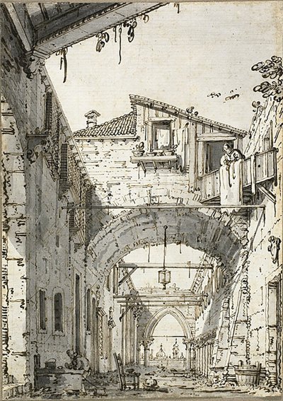 Capriccio: Une rue traversée par des arches (recto) Esquisses de porte, escalier et deuxième étage de bâtiment (verso) - Canaletto