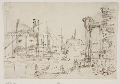Capriccio avec des ruines classiques sur un quai, une maison de bateaux, deux galères, deux mâts d