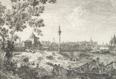 Vue imaginaire de Padoue, avec un campanile et une église à dôme à gauche, une colonne surmontée, 1735-46 - Canaletto