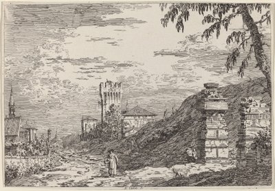 Paysage avec tour et deux piliers en ruine, vers 1735-1746 - Canaletto