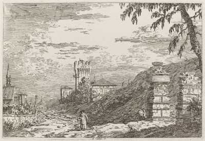 Paysage avec tour et deux piliers en ruine (gauche) - Canaletto
