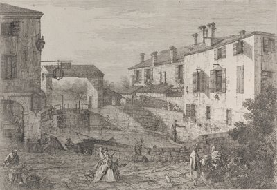 Le porte del Dolo : le bassin ovale des écluses à Dolo, avec une barge amarrée au quai - Canaletto