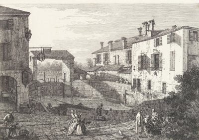 Les Écluses à Dolo, un bassin ovale avec des bateaux au centre, des bâtiments de chaque côté,..., 1735-46 - Canaletto
