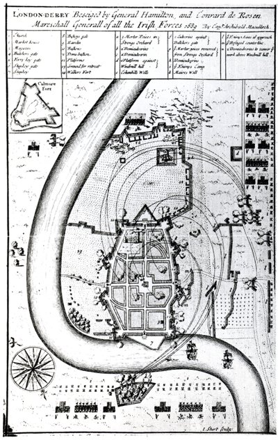 Londonderry assiégé par le général Hamilton et Conrad de Rosen, gravé par J. Sturt, 1689 - Captain Archibald Maculloch