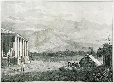 Le Pass de Seremoogy, ou Streemoogy, montagnes de Neelgherry, planche 1 de View of the Neilgherries, or Blue Mountains of Coimbetoor, Southern India par le capitaine McCurdy, publié en 1830 - Captain E. A. after McCurdy