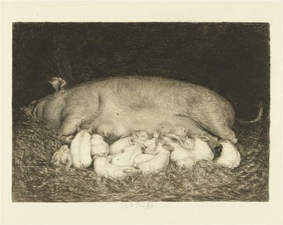 Truie avec porcelets allongés dans une étable - Carel Lodewijk Dake