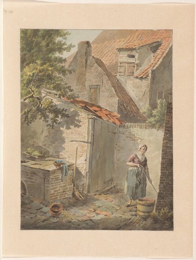 Cour avec une servante qui nettoie - Carel Lodewijk Hansen