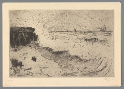 Mer agitée avec un voilier près d