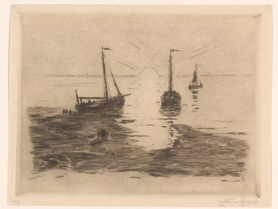 Paysage marin avec voiliers et coucher de soleil - Carel Nicolaas Storm van 