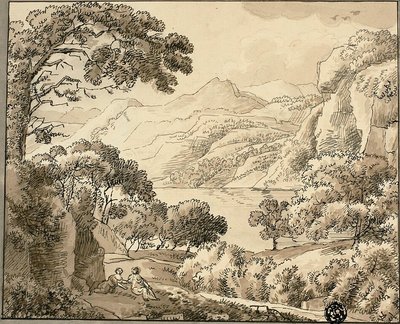 Lac de montagne avec deux personnages - Carl August Lebschee