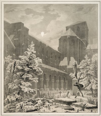 Église et cimetière dans la neige au clair de lune - Carl Blechen