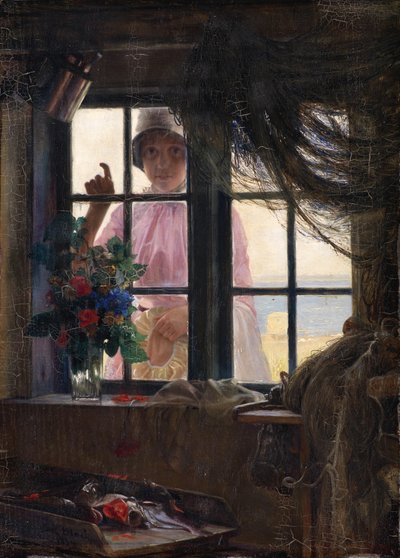 Après le bain. Une jeune fille frappant à la fenêtre du pêcheur - Carl Bloch