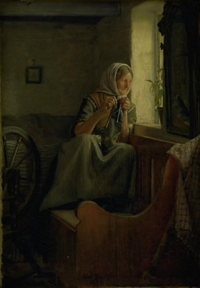 Une vieille paysanne regardant par une fenêtre - Carl Bloch