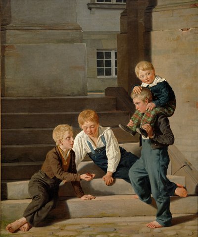 Jeunes garçons jouant aux dés devant le château de Christiansborg, Copenhague, 1834 - Carl Christian Constantin Hansen